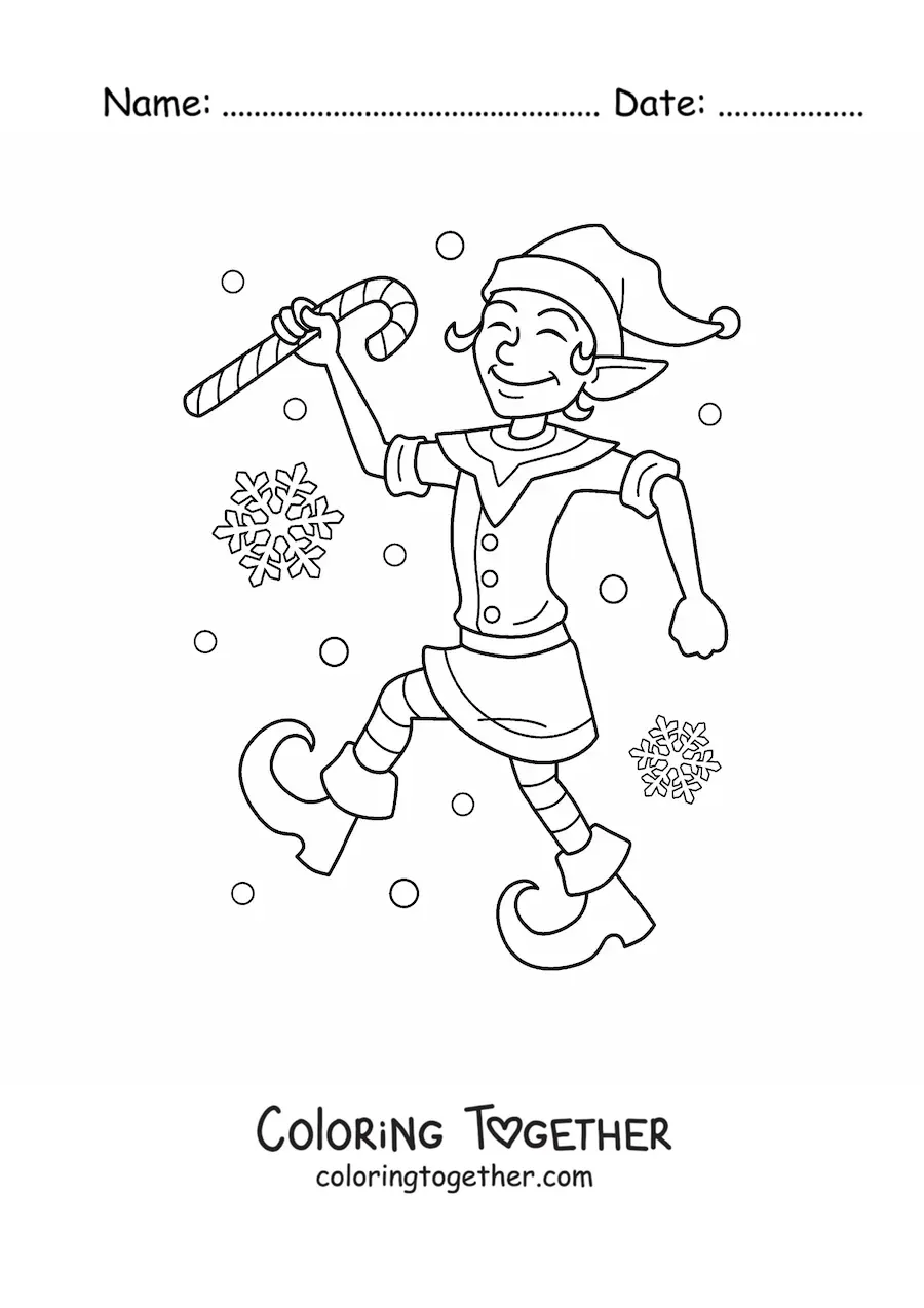 Coloring page of a Christmas elf with a candy cane