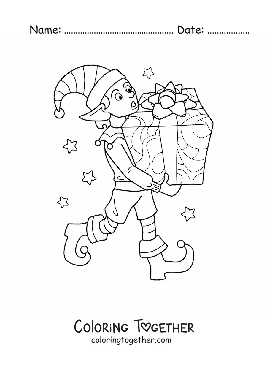 Coloring page of a Christmas elf with a gift