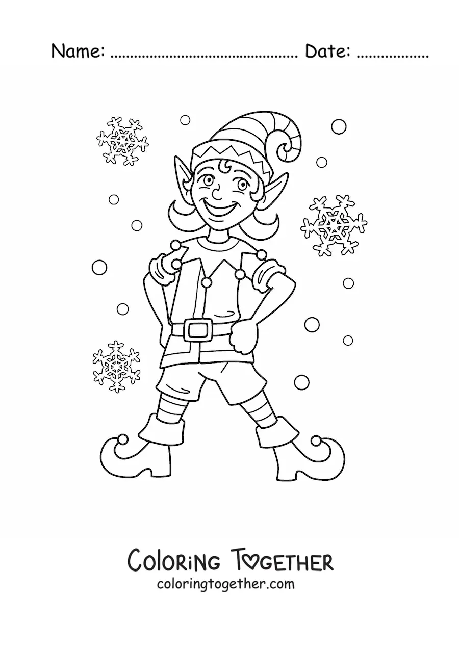 Coloring page of a Christmas elf with snowflakes