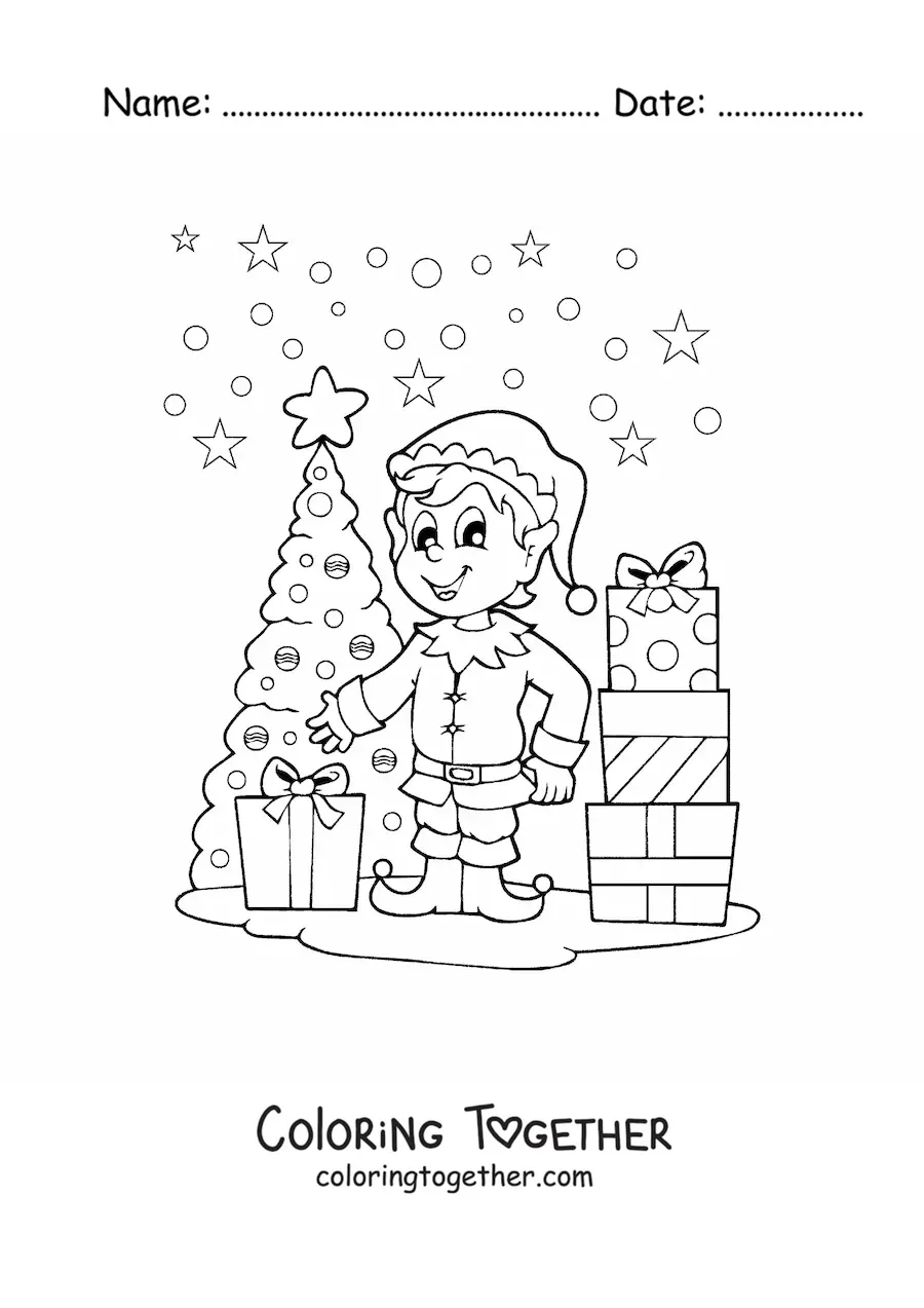 Coloring page of a Christmas elf by the tree and the gifts