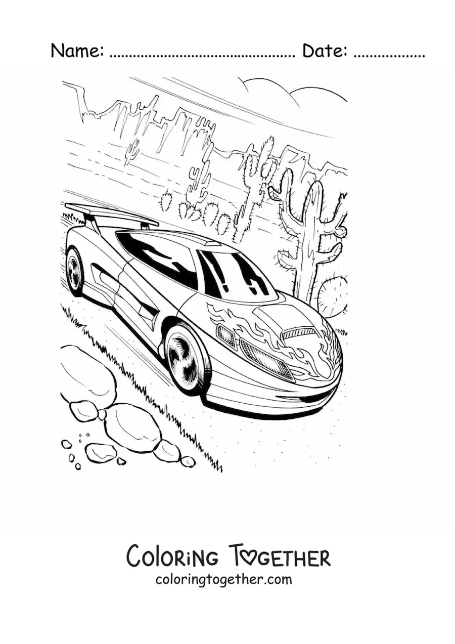 Coloring page of a race car going full speed in a desert