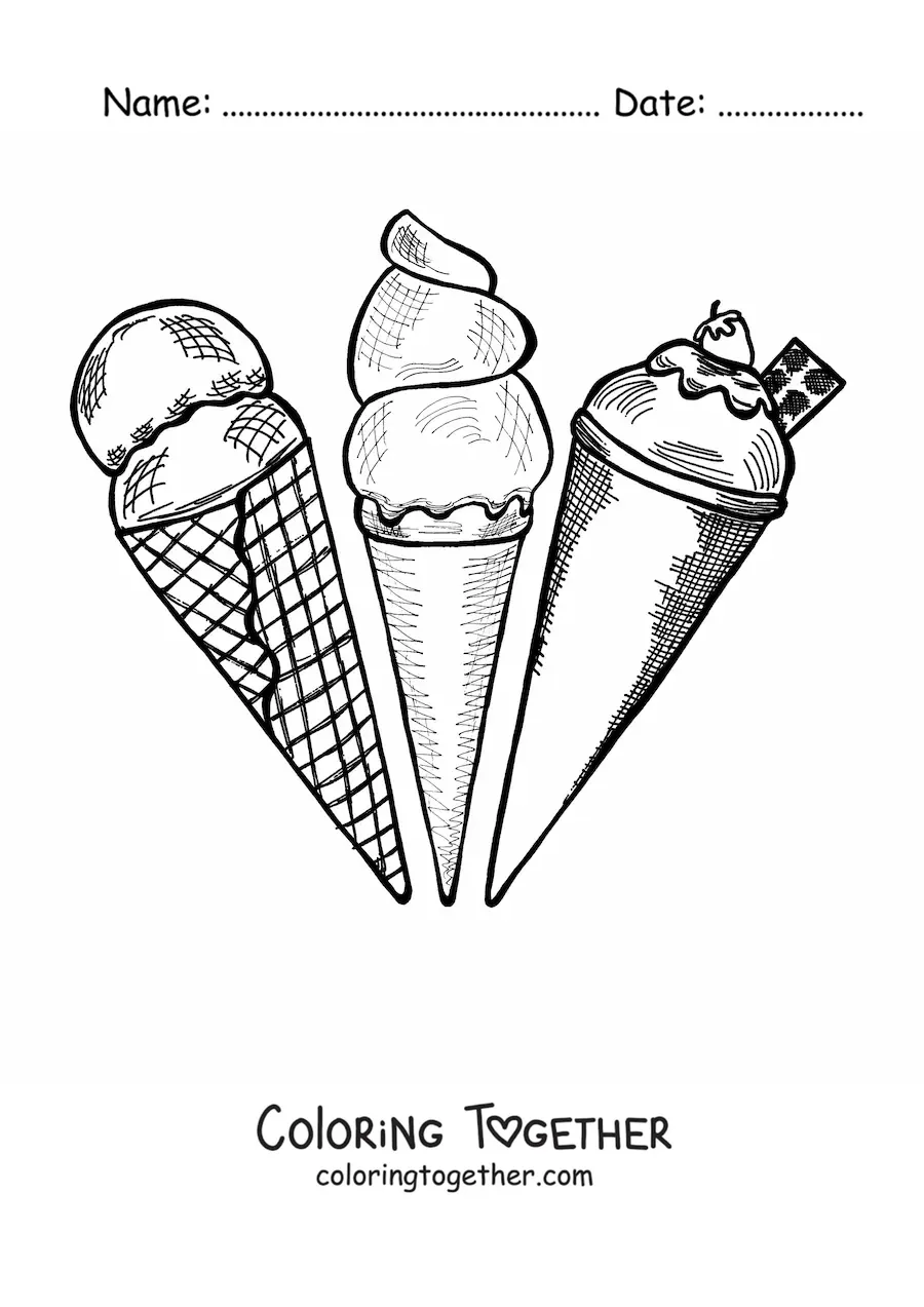 Coloring page of three ice cream cones in different flavors
