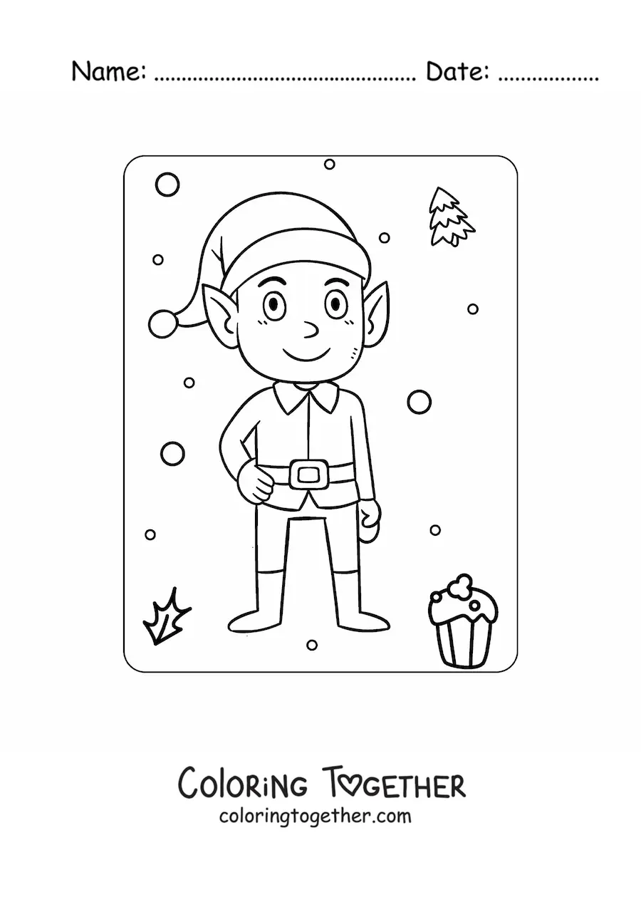 Coloring page of an animated Christmas elf dressed as Santa Claus
