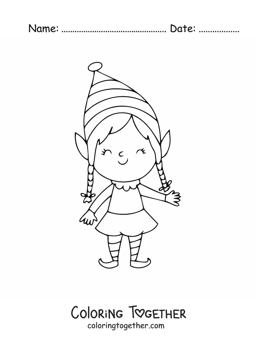 Coloring page of a Christmas elf girl
