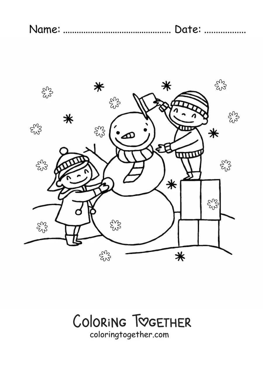 Coloring page of children building a snowman at Christmas