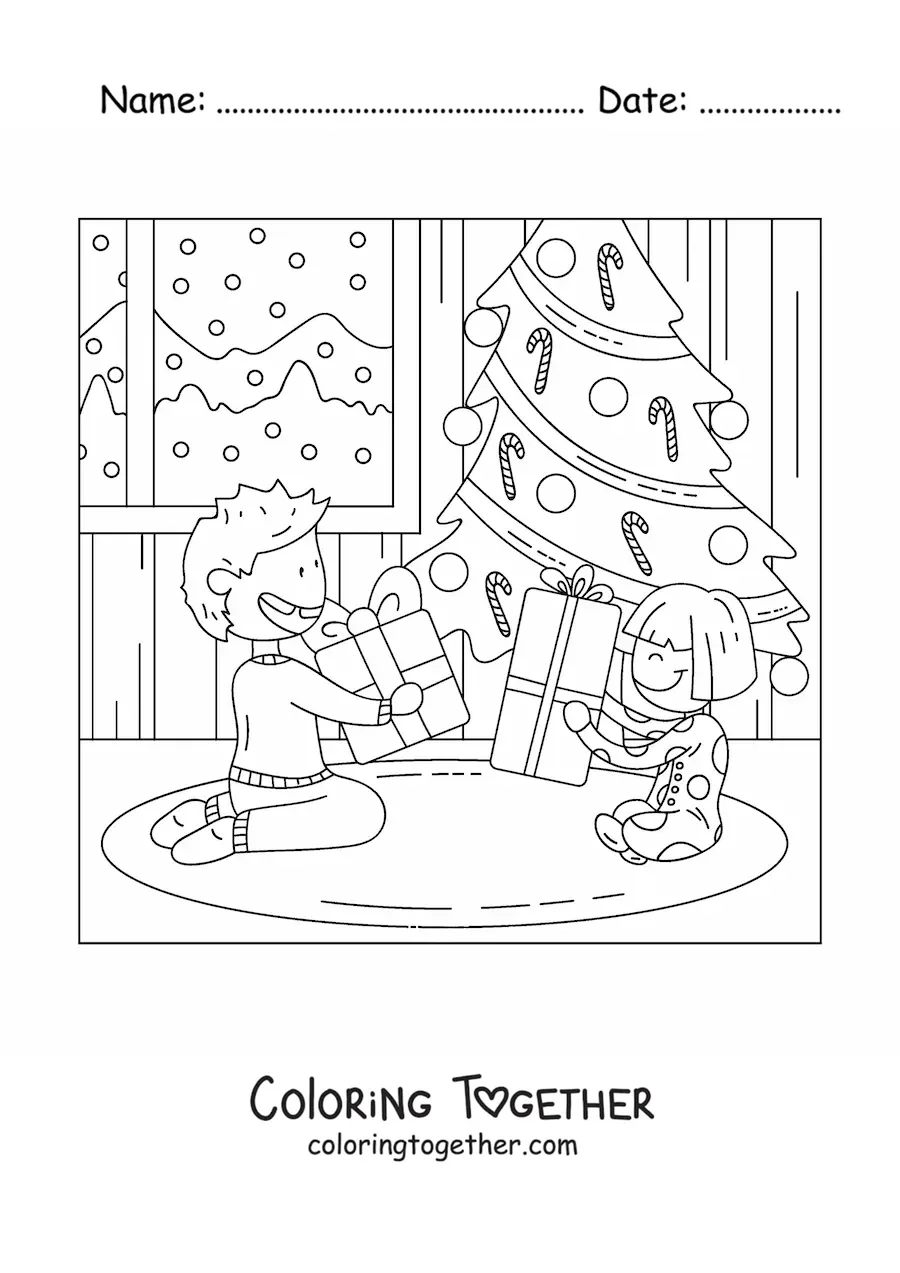 Coloring page of children opening gifts at home on Christmas
