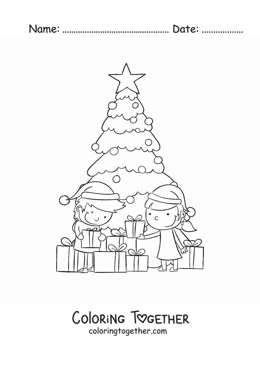 Coloring page of children opening gifts by the Christmas tree