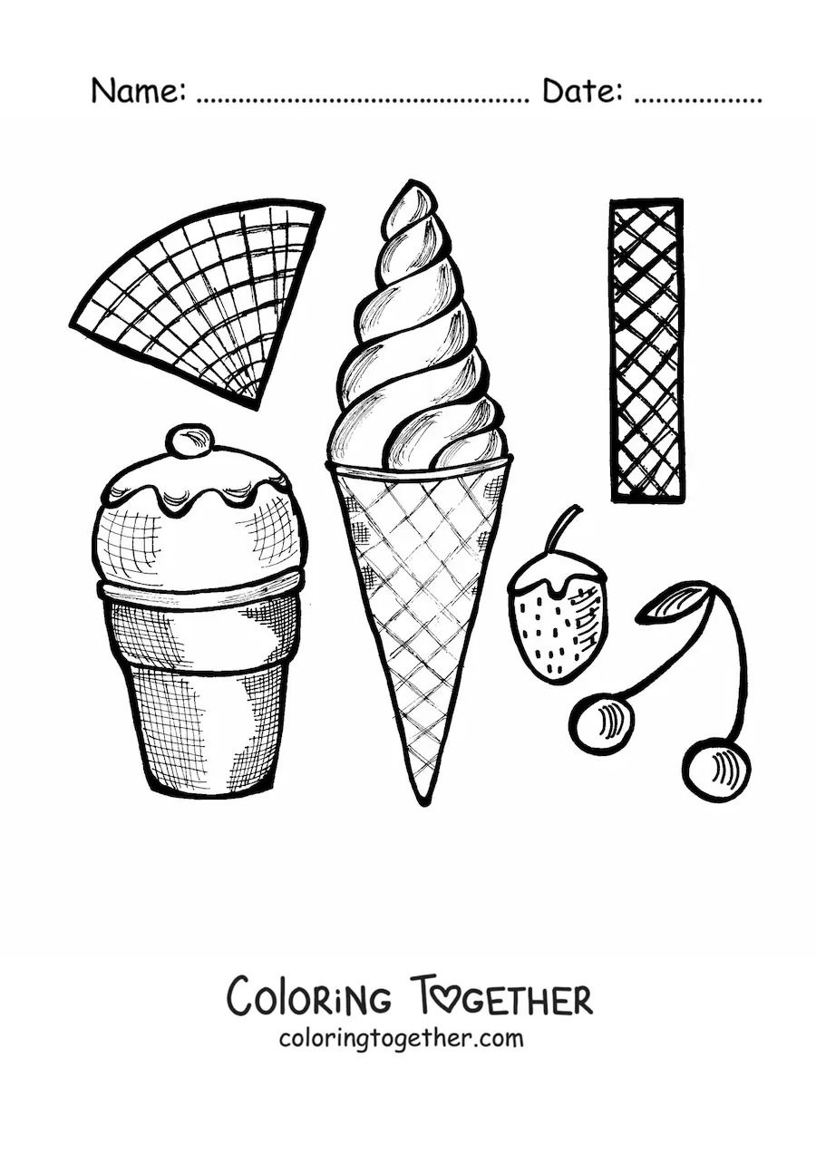 Coloring page of two ice creams with strawberry and cherry cones
