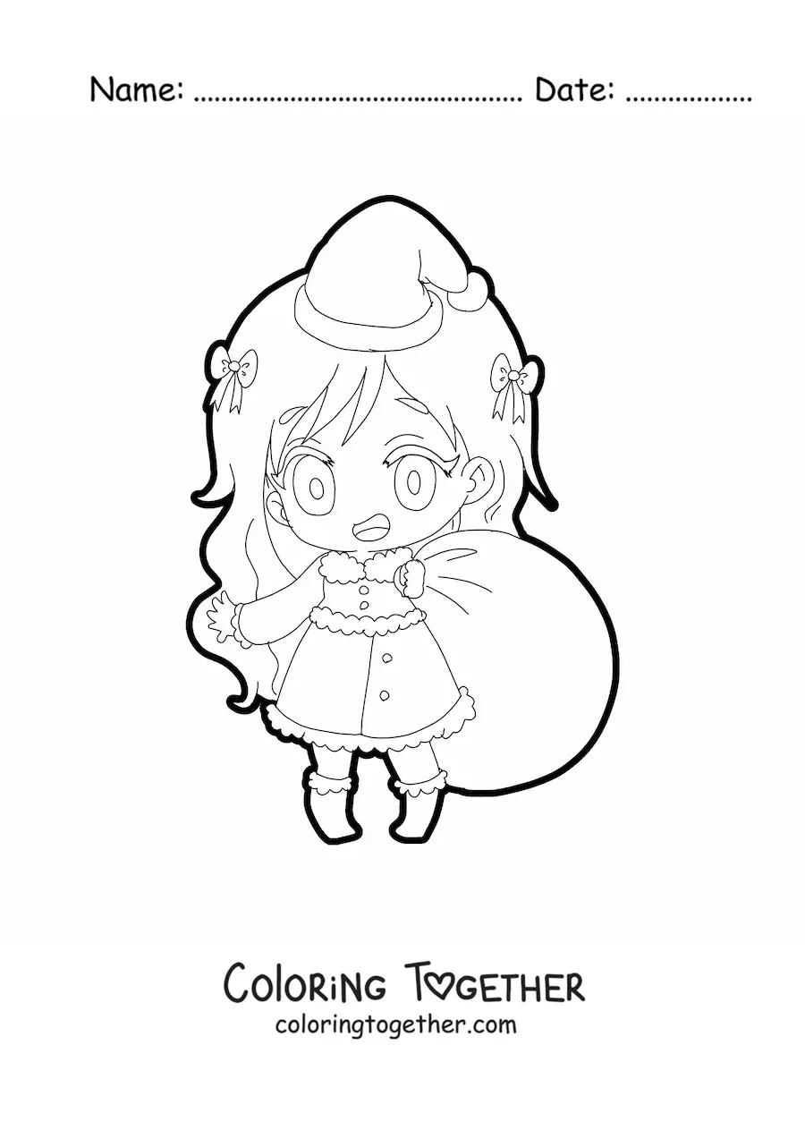 Coloring page of a kawaii girl in anime style Christmas clothes with a sack of gifts