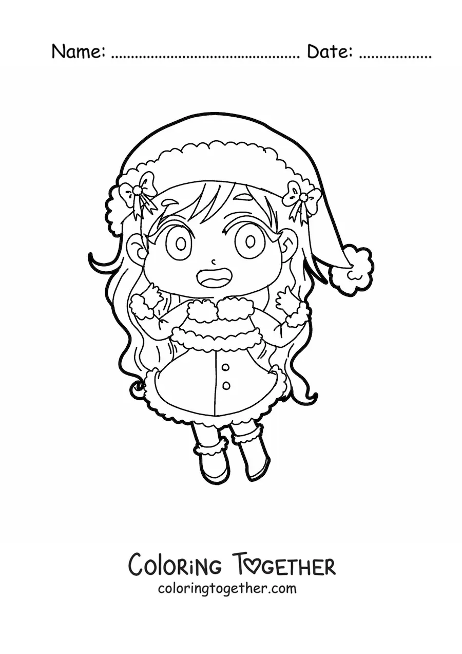 Coloring page of a kawaii girl in an anime style Christmas dress