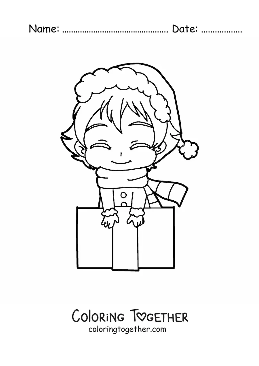 Coloring page of a kawaii girl with an anime style Christmas gift
