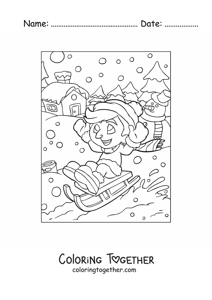 Coloring page of a boy sliding on a sled at Christmas