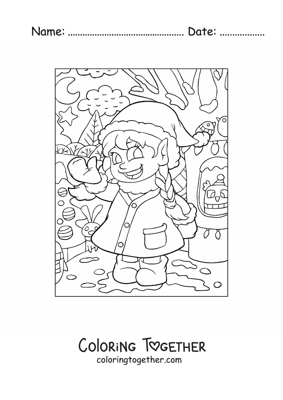 Coloring page of a girl playing in the snow at Christmas