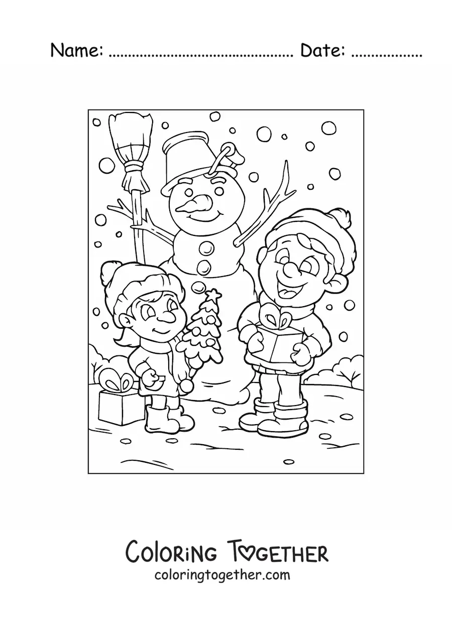 Coloring page of children with Christmas gifts and a snowman