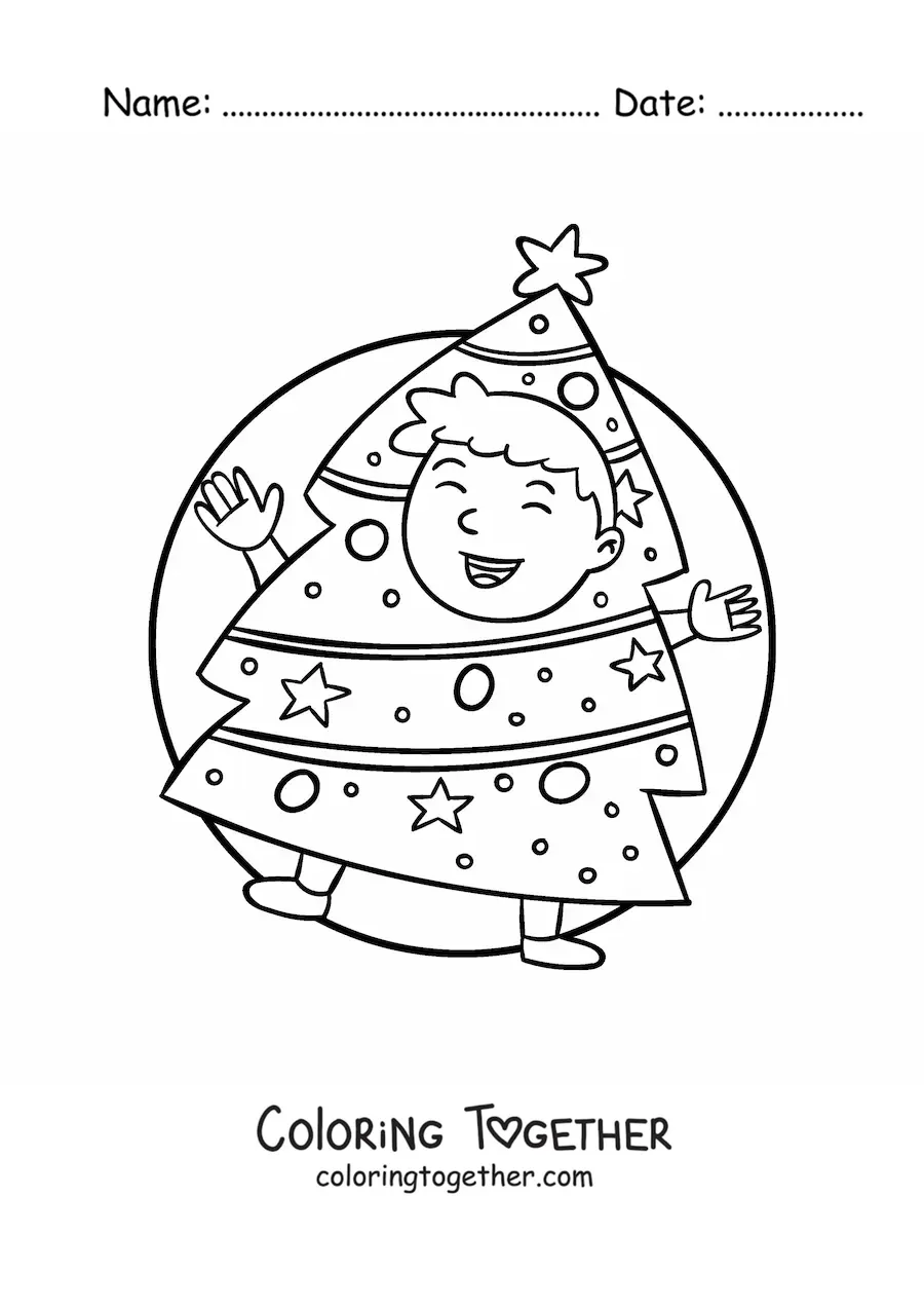 Coloring page of a boy dressed up as a Christmas tree