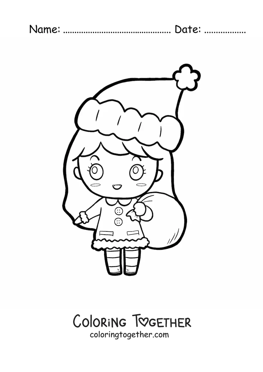 Coloring page of a kawaii girl with a Christmas hat and a sack of gifts
