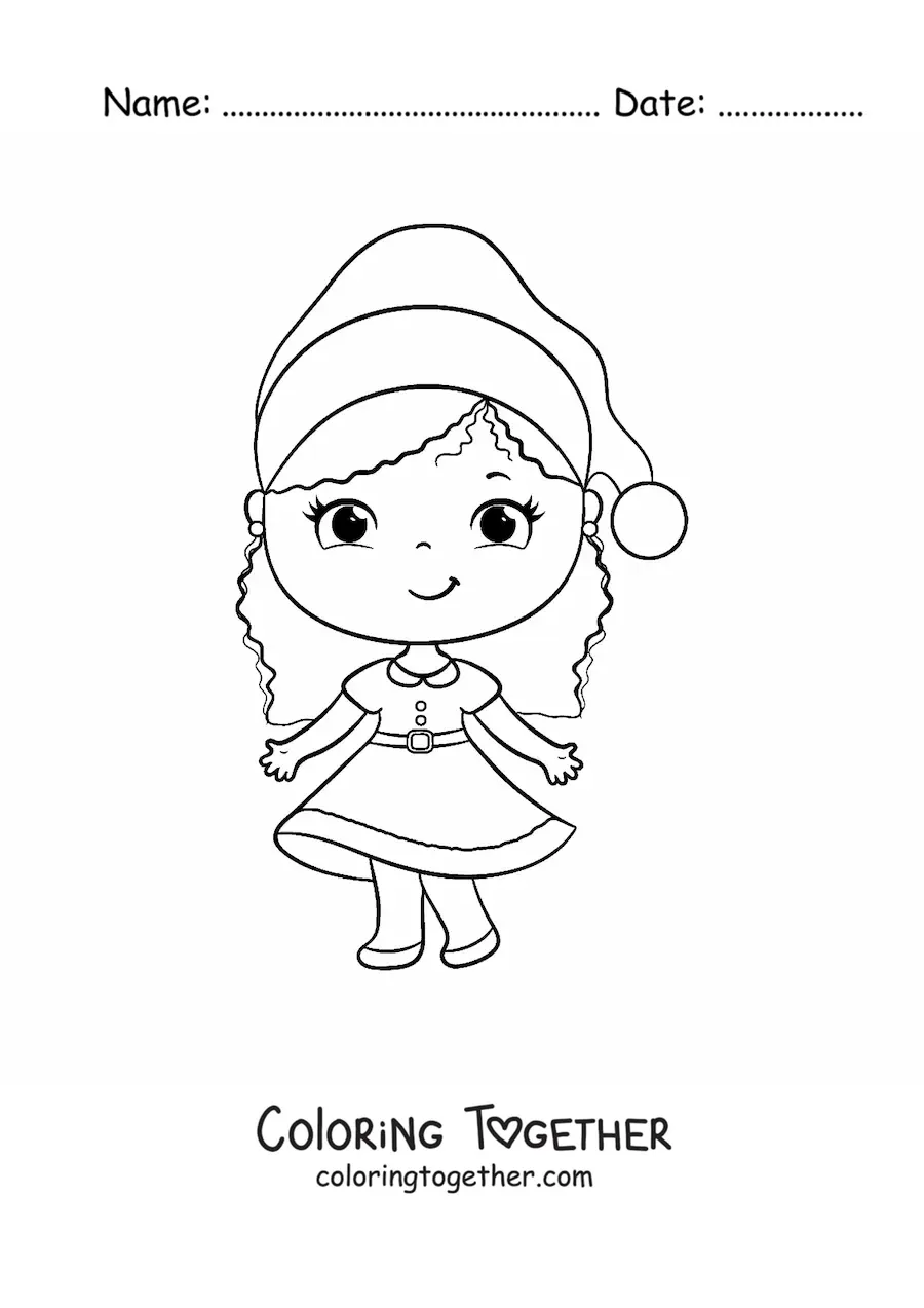 Coloring page of a girl in a Christmas dress