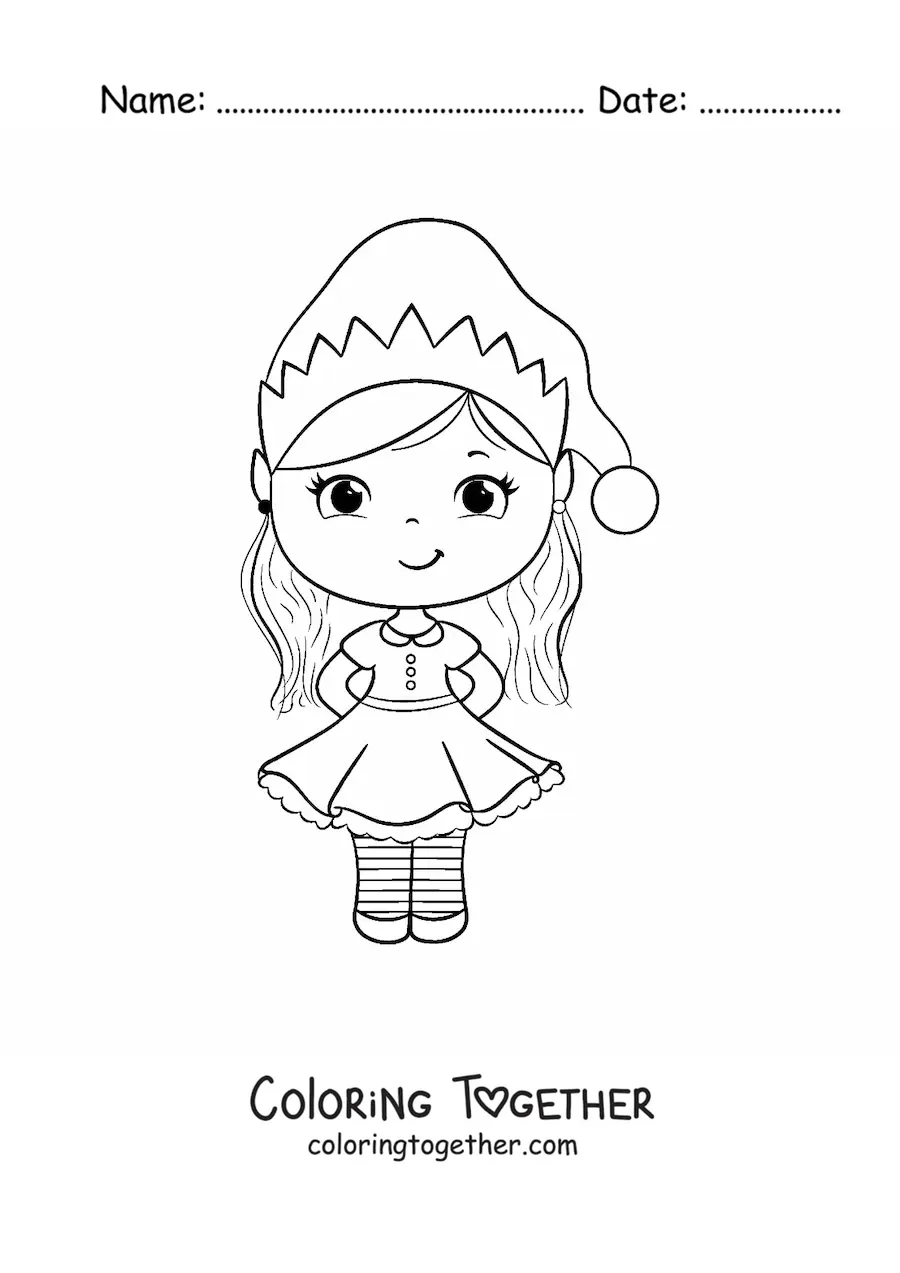 Coloring page of a girl in a Christmas dress
