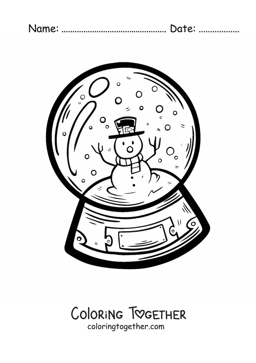 Coloring page of a big snow globe with a snowman