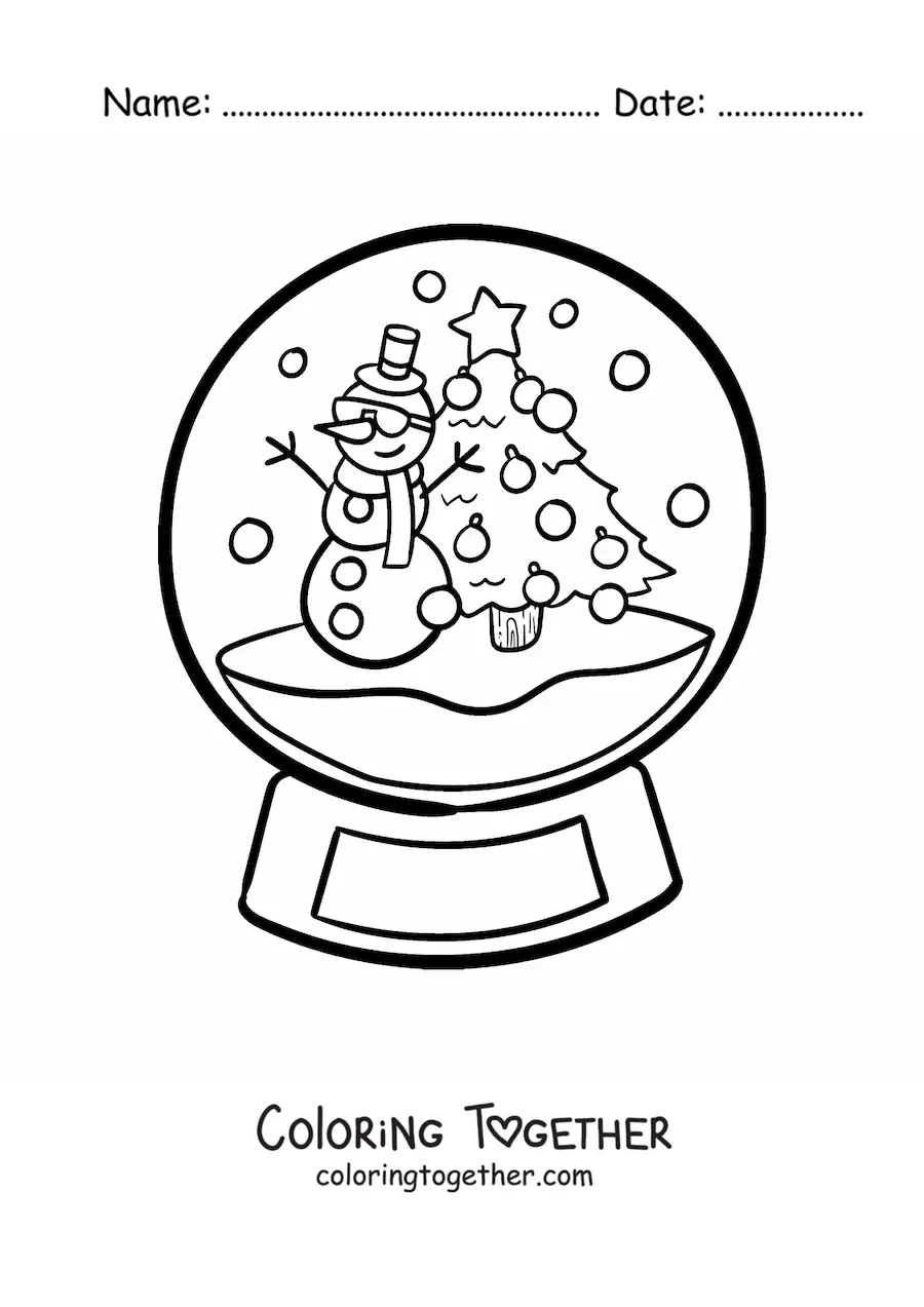 Coloring page of a simple snow globe with a snowman