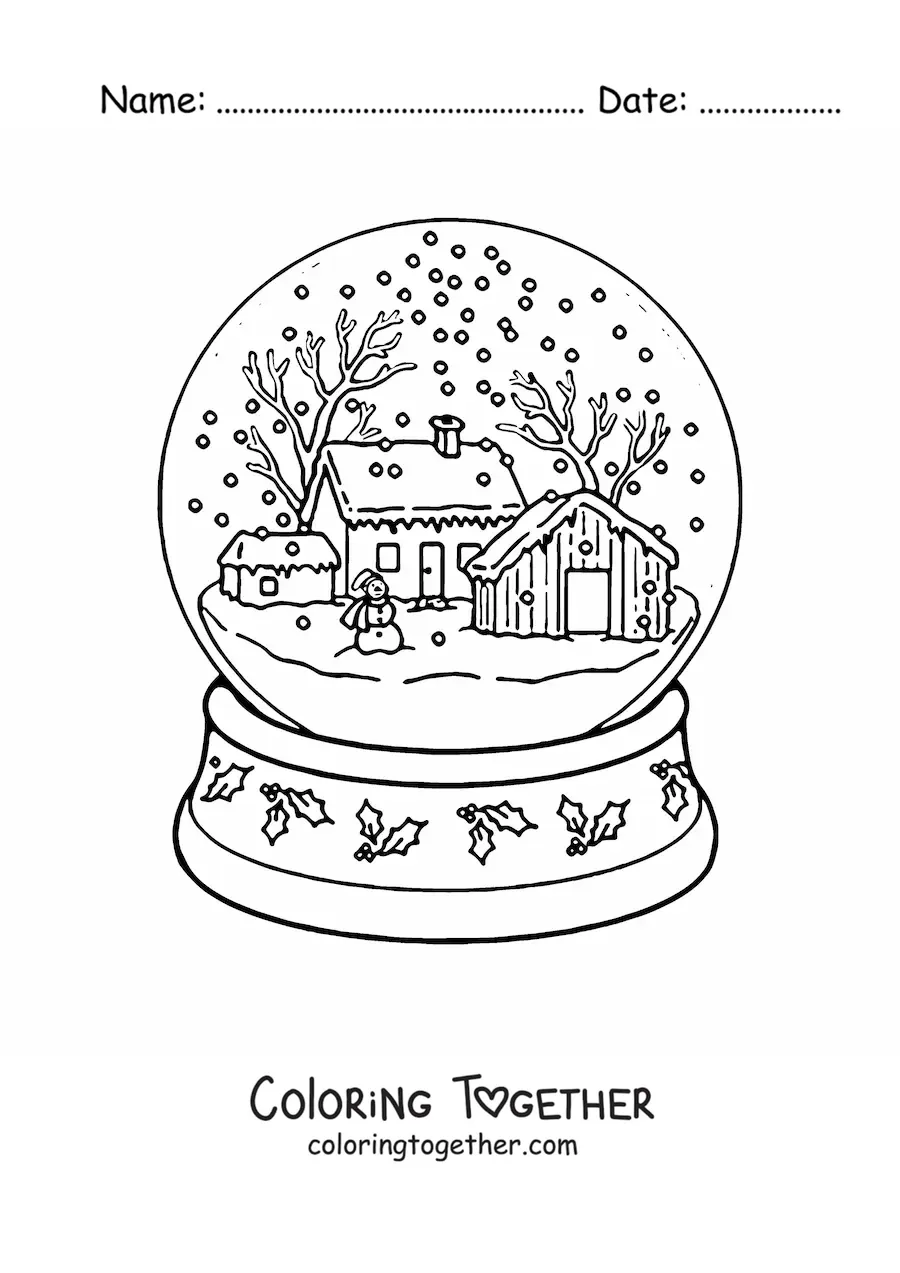 Coloring page of a pretty snow globe with a landscape