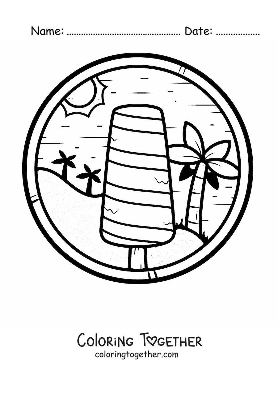 Coloring page of an ice cream popsicle at the beach