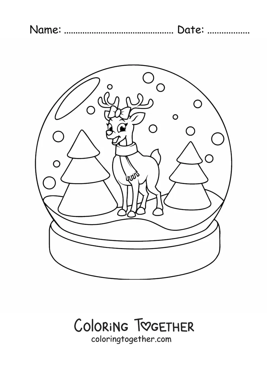 Coloring page of a crystal snow globe with a reindeer