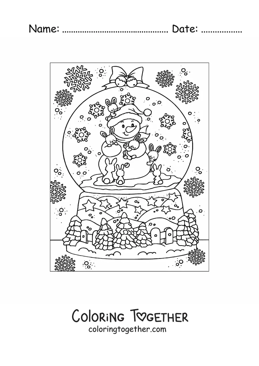 Coloring page of a realistic snow globe with a snowman