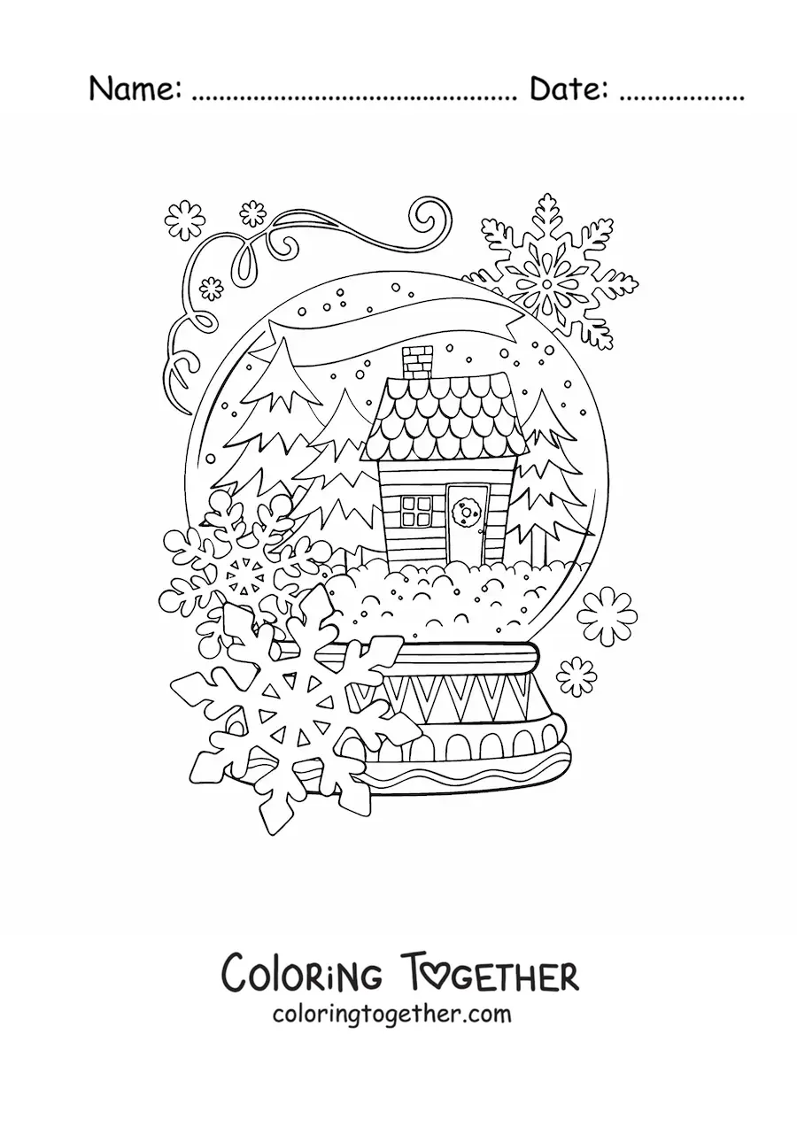 Coloring page of a crystal snow globe with a landscape