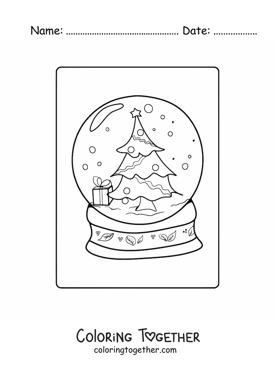 Coloring page of a snow globe with a Christmas tree