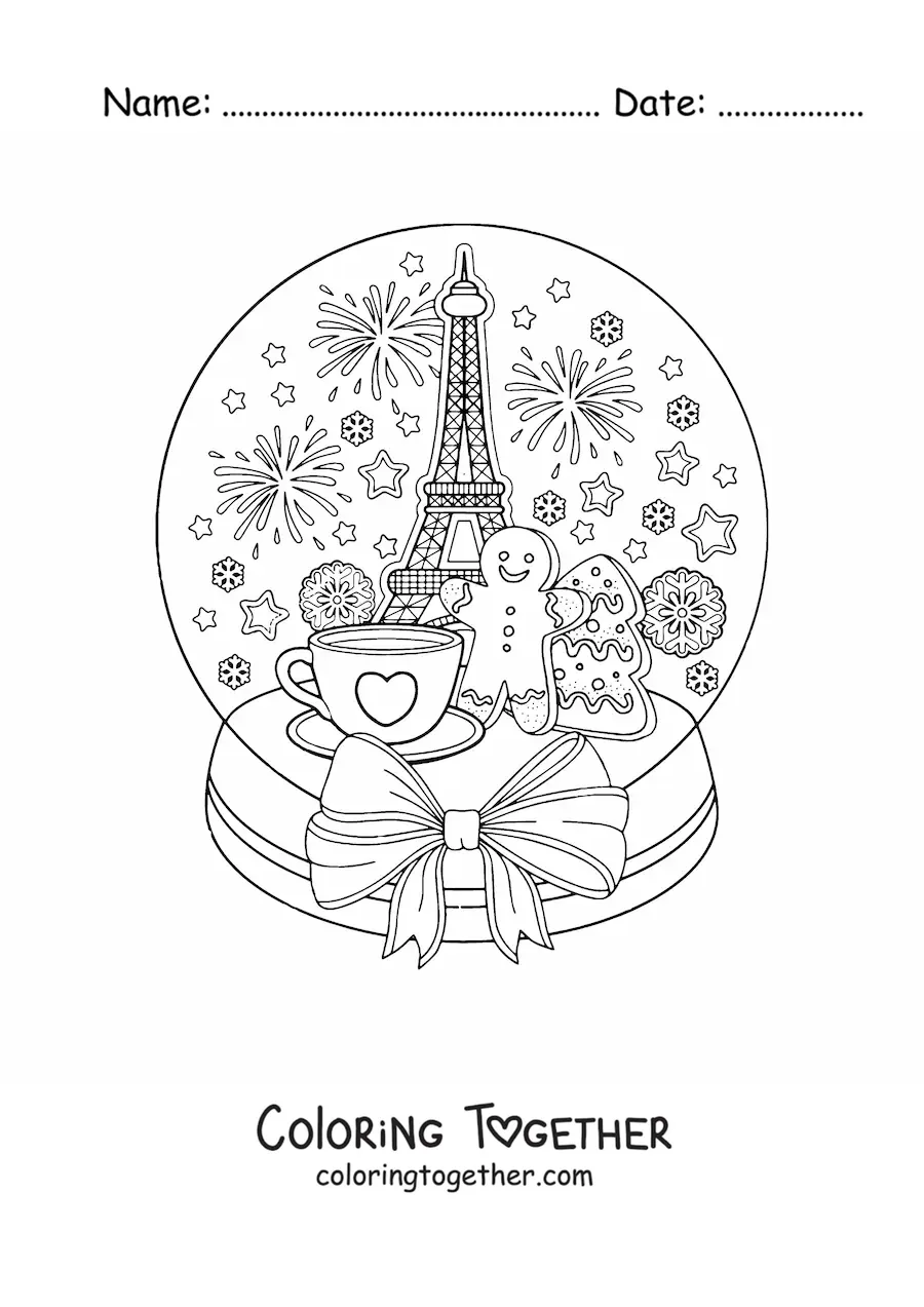 Coloring page of a snow globe with a Paris landscape
