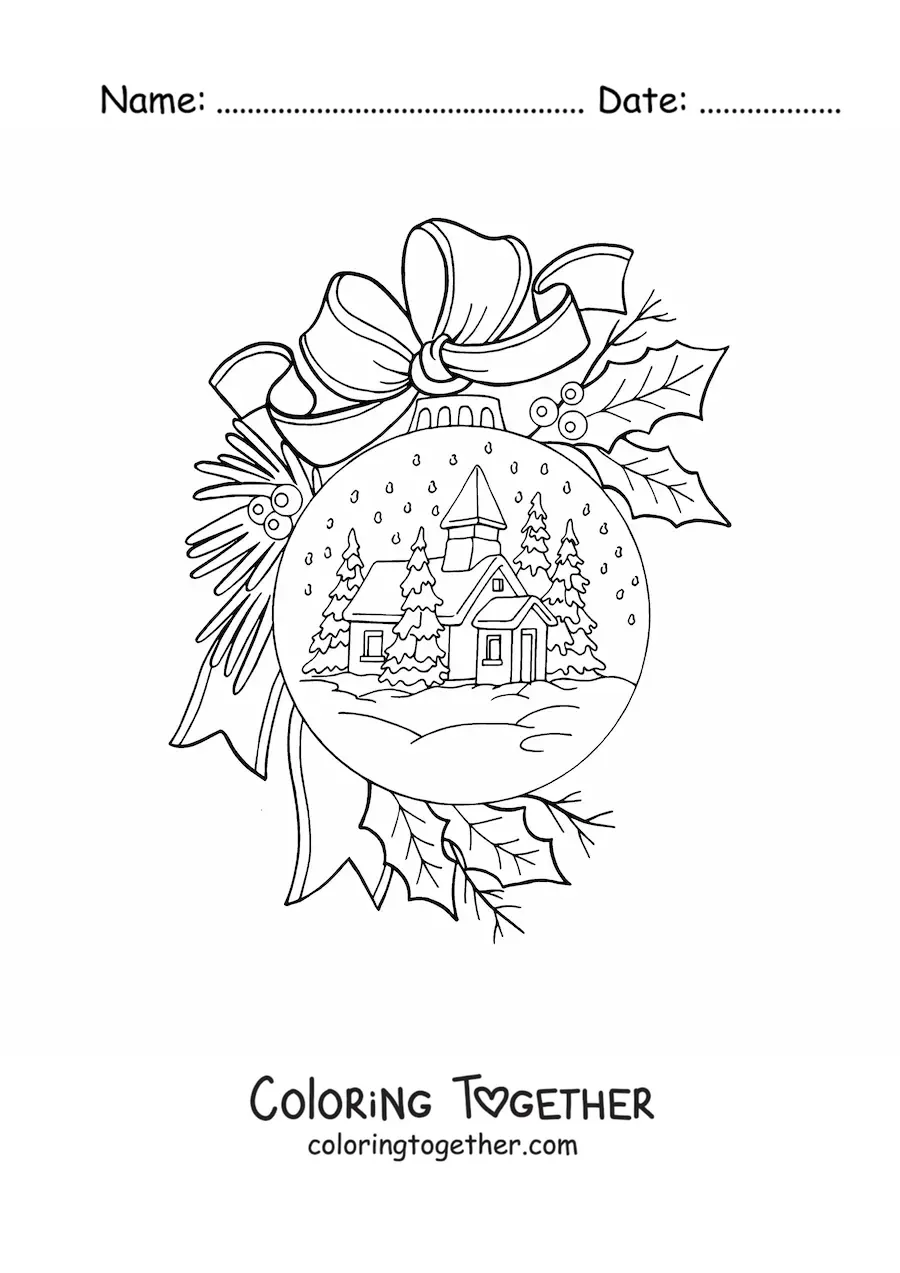 Coloring page of a Christmas snow globe on a Christmas tree