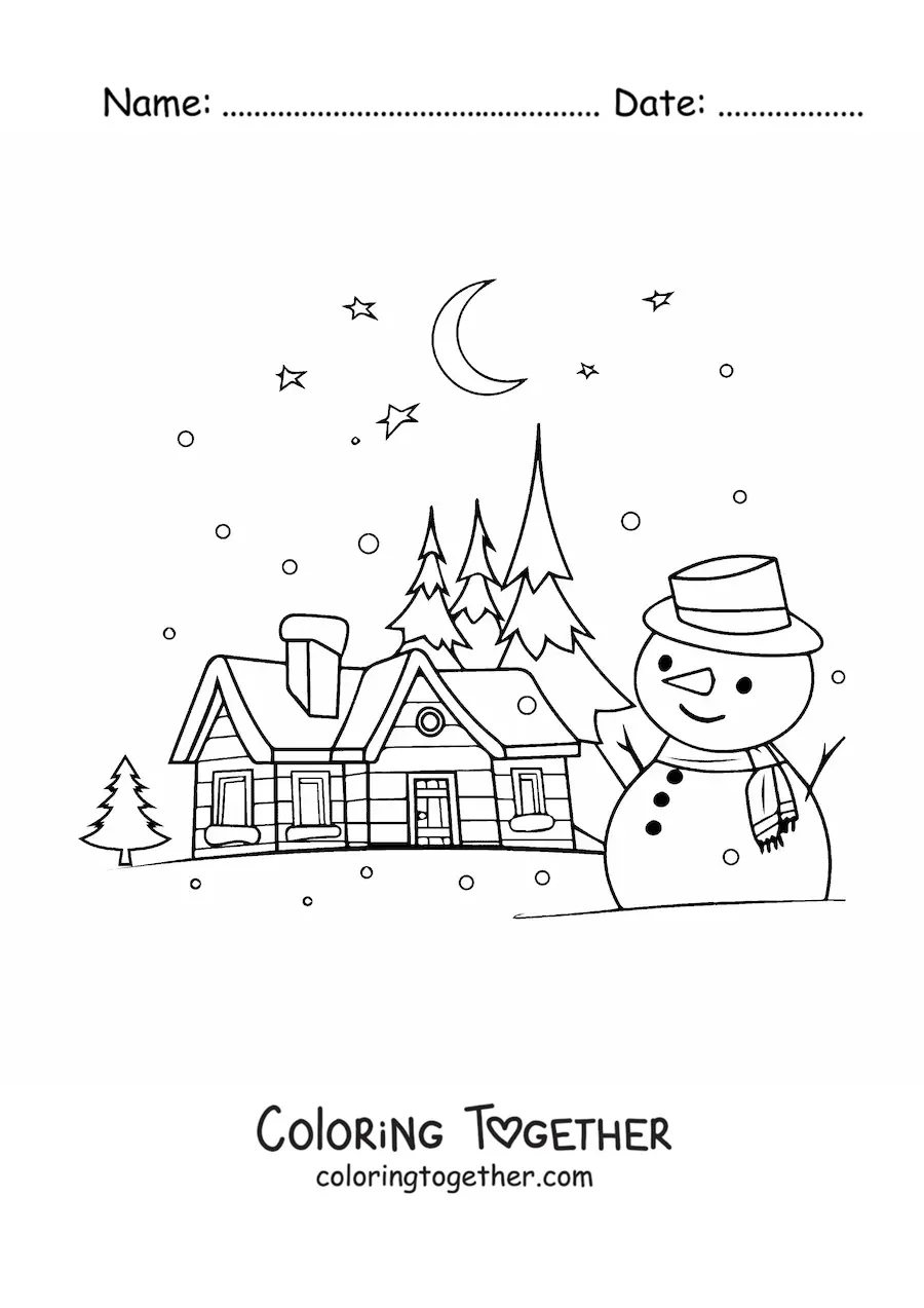 Coloring page of a snowman with a landscape