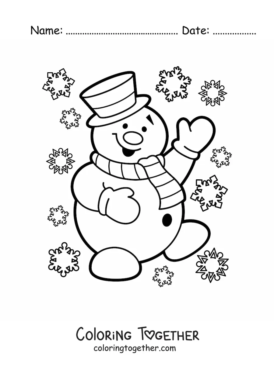 Coloring page of a cartoon snowman