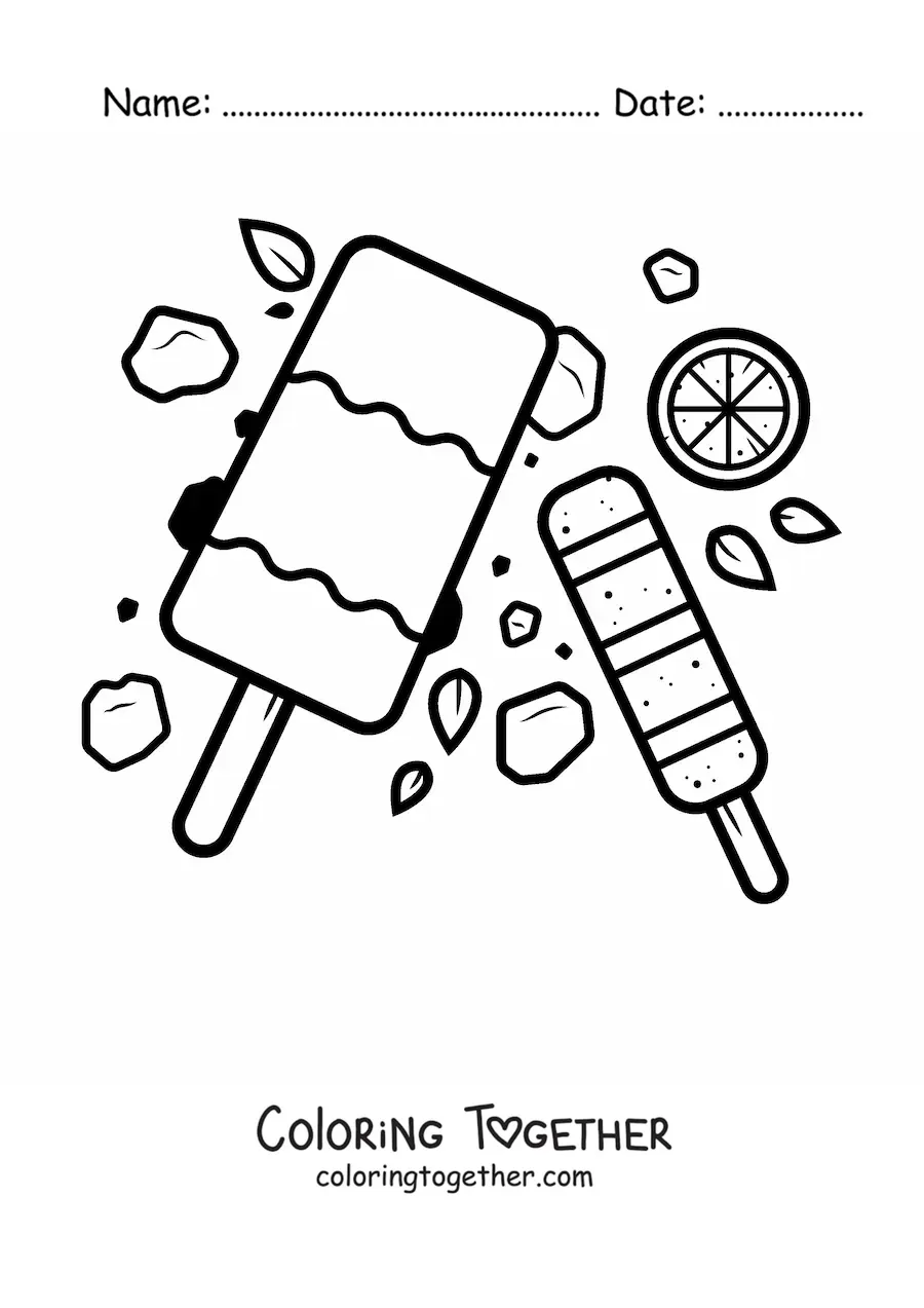 Coloring page of two ice cream popsicles with a slice of lemon