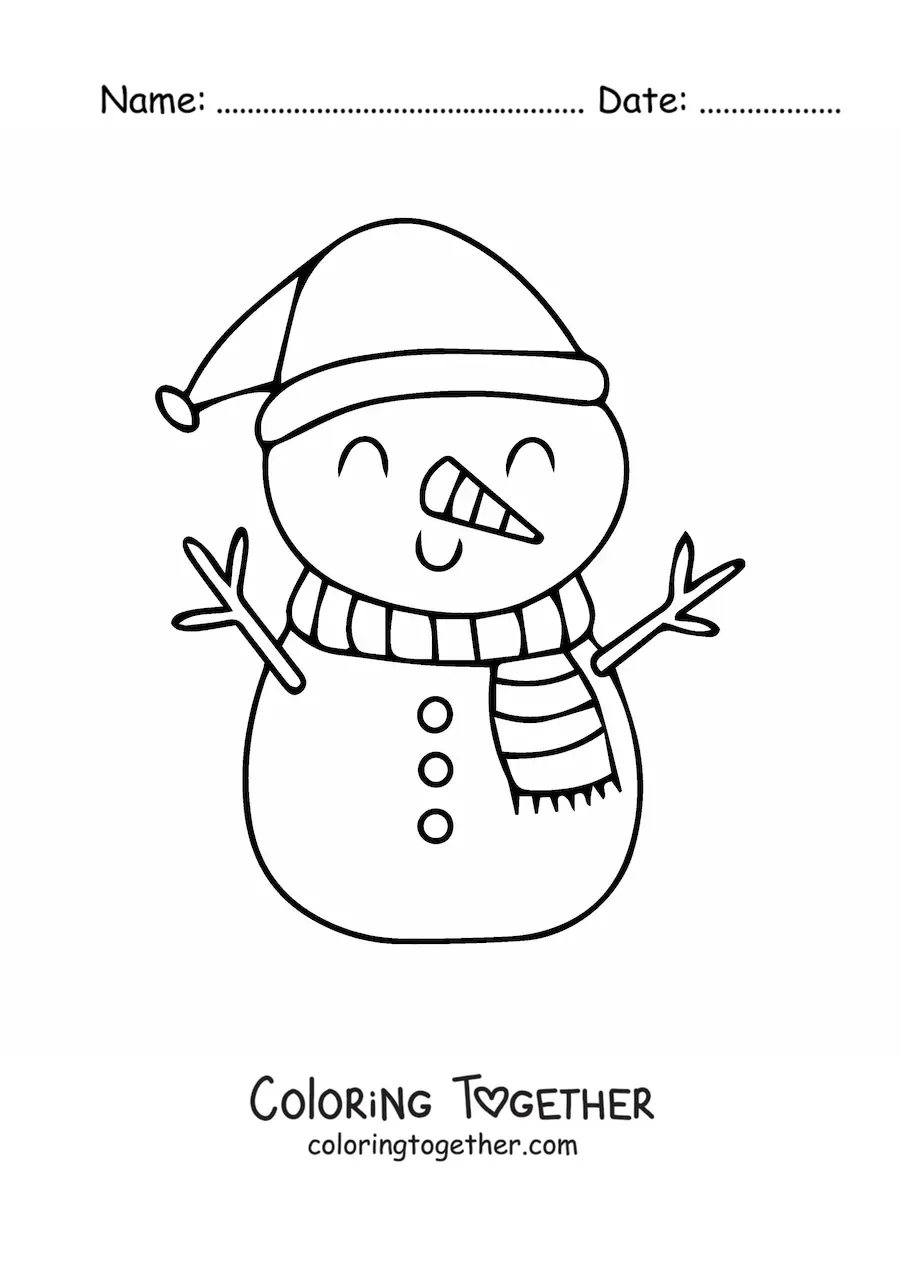 Coloring page of a giant snowman with a scarf