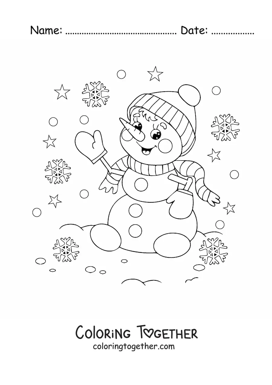 Coloring page of a cartoon snowman with a scarf and snowflakes