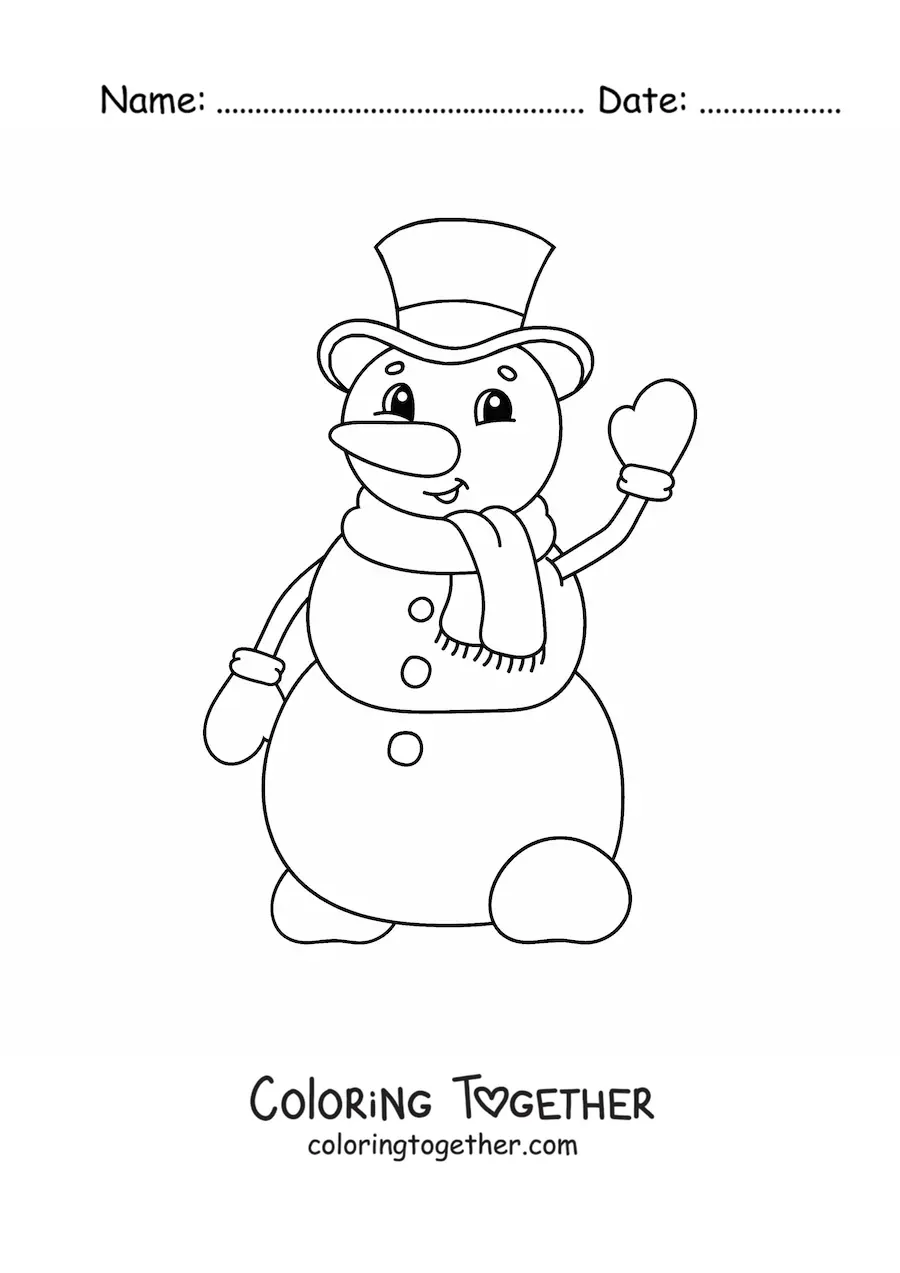 Coloring page of a cartoon snowman with a hat and a scarf