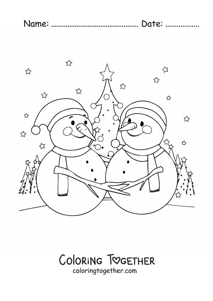 Coloring page of two snowmen with a landscape