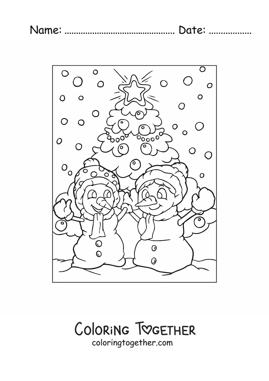 Coloring page of two snowmen at Christmas