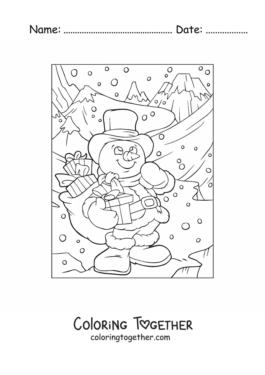 Coloring page of a snowman with gifts