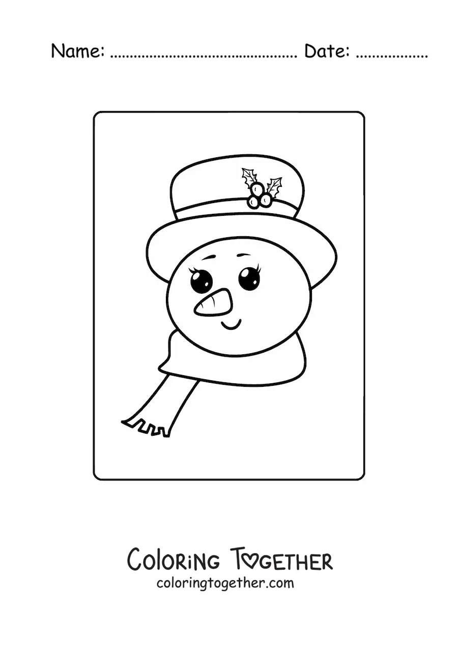 Coloring page of a kawaii snowman face with a hat and a scarf