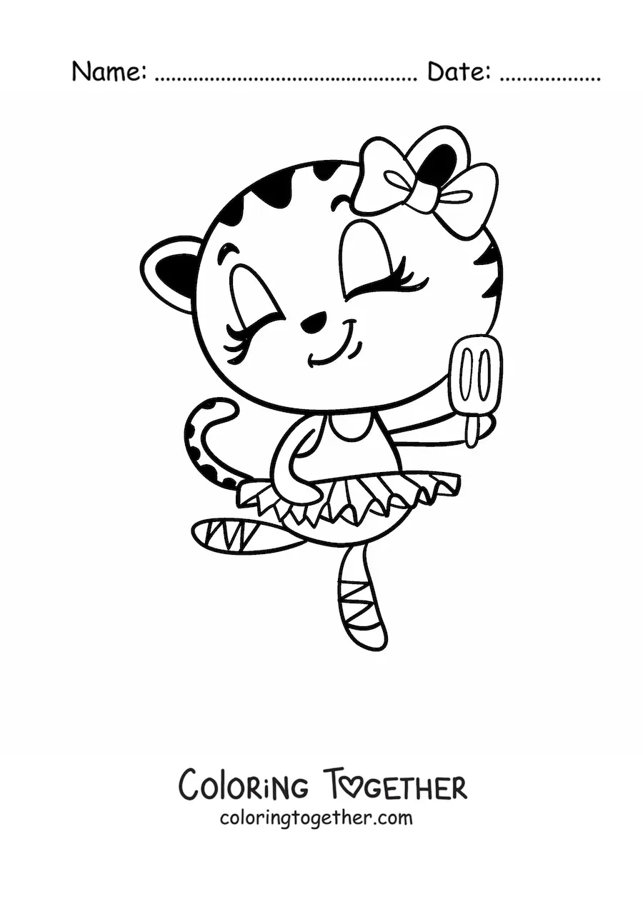 Coloring page of a cartoon dancing cat eating ice cream