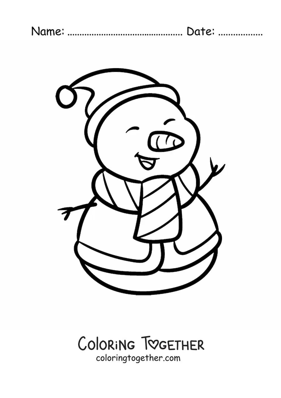 Coloring page of a snowman with a Christmas hat