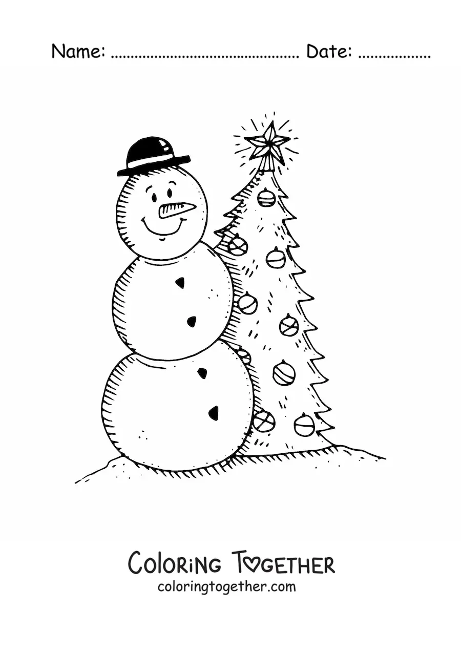 Coloring page of a Christmas snowman