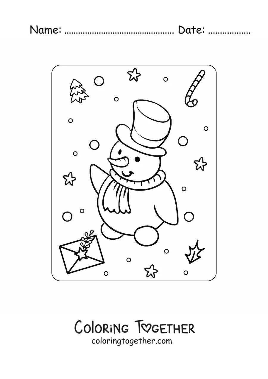 Coloring page of a kawaii Christmas snowman