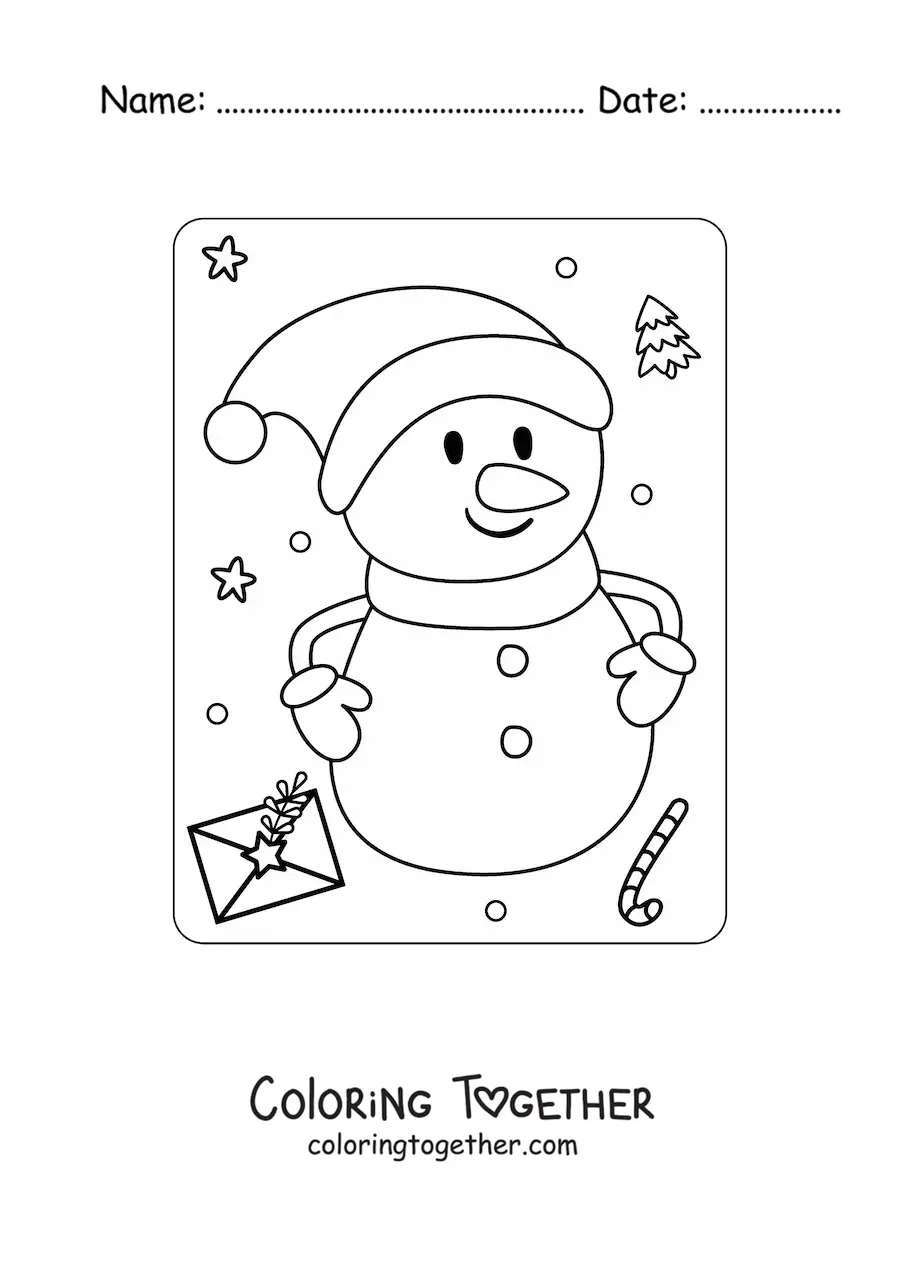 Coloring page of a snowman at Christmas