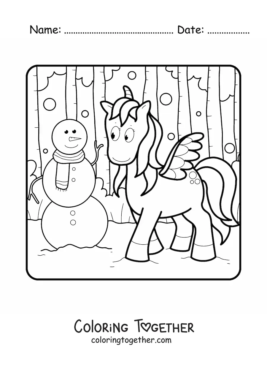 Coloring page of a snowman with a unicorn