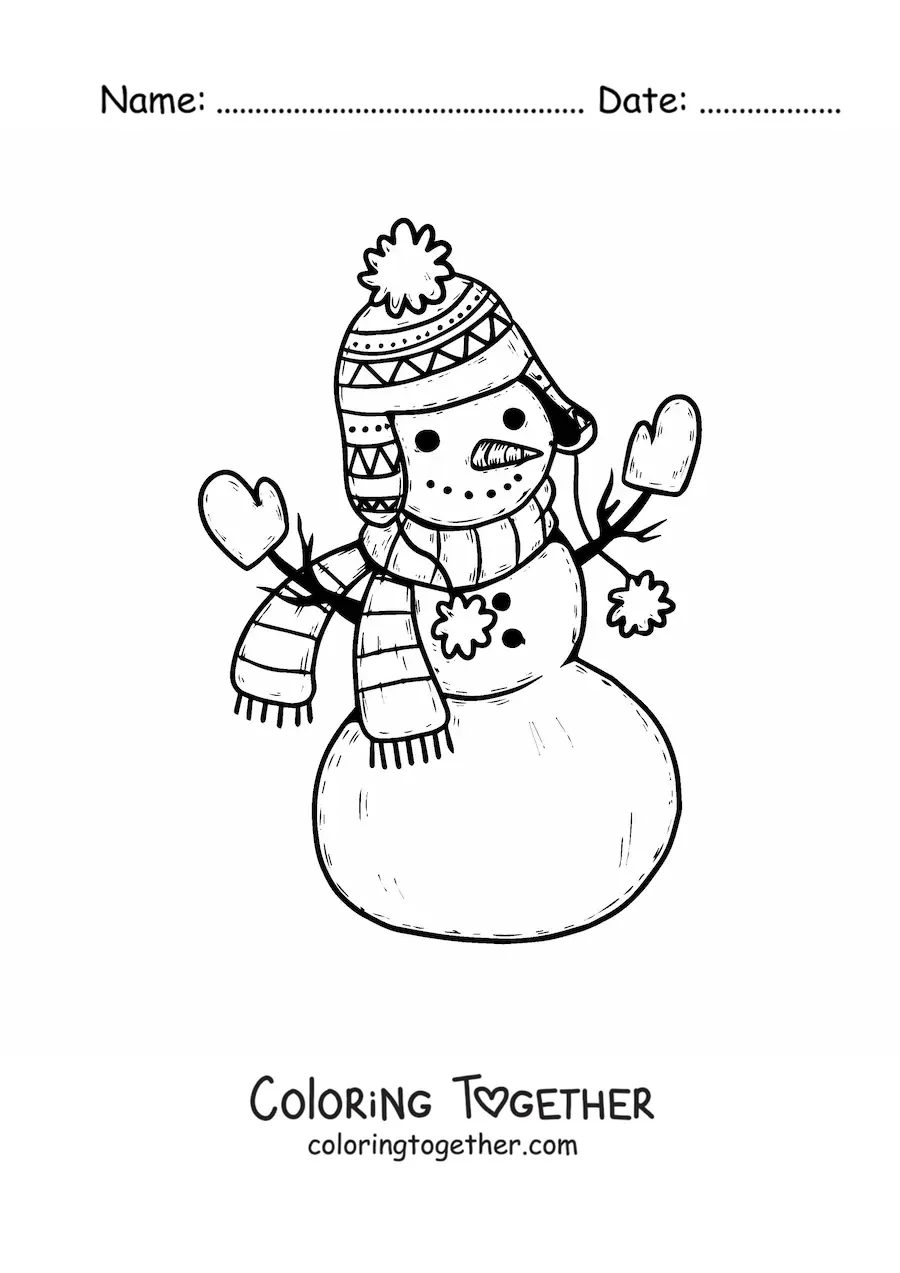 Coloring page of a bundled-up snowman