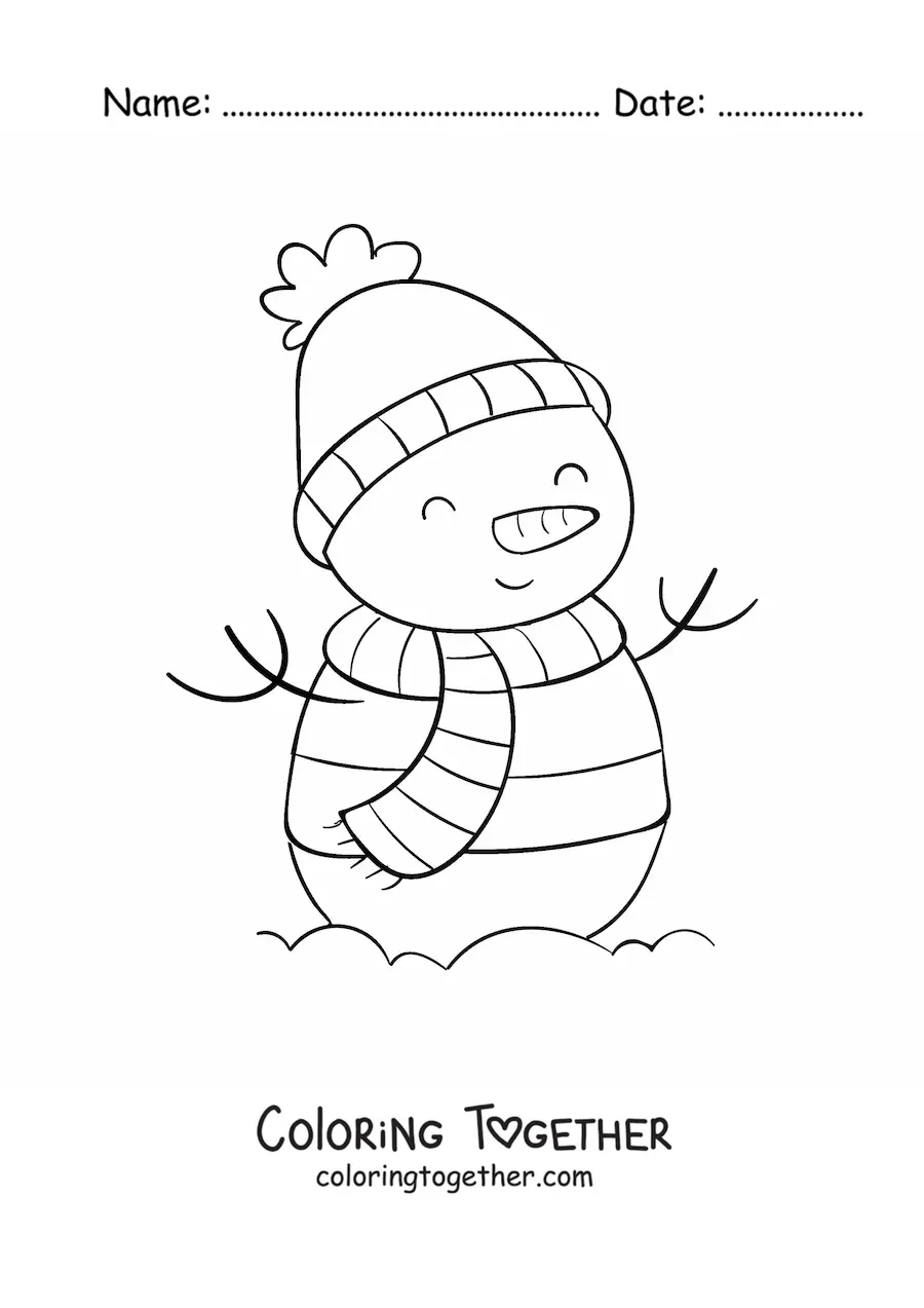 Coloring page of a snowman in winter clothes